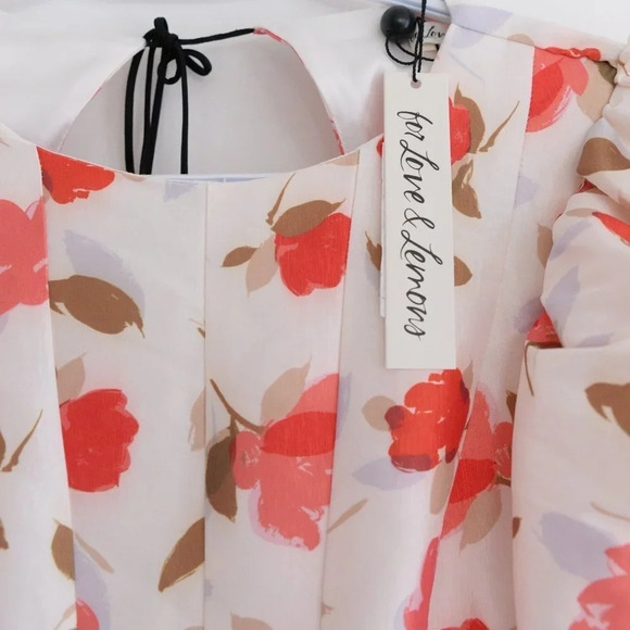 For Love & Lemons Jesse Puff Sleeve Floral  Mini Dress Cream & Red S NWT - Picture 4 of 14
